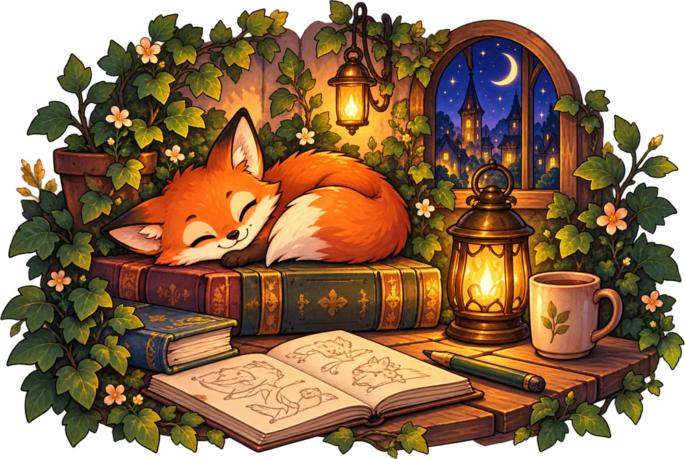 A fox asleep on a stack of books beside a glowing lantern and a mug of tea.