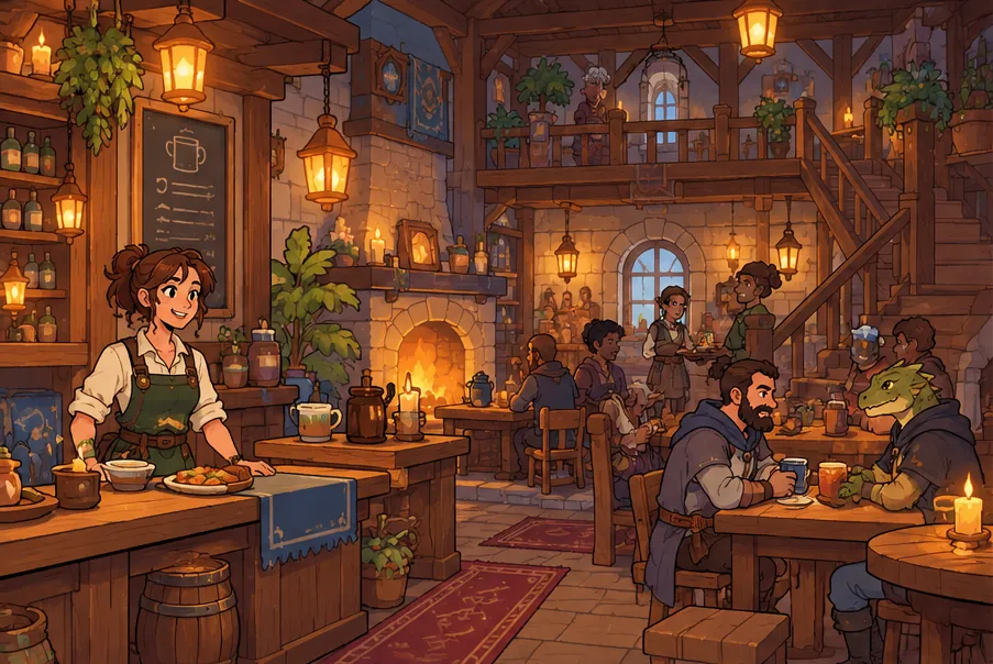 An innkeeper serves stew at the counter of a busy, lantern-lit fantasy inn full of adventurers.