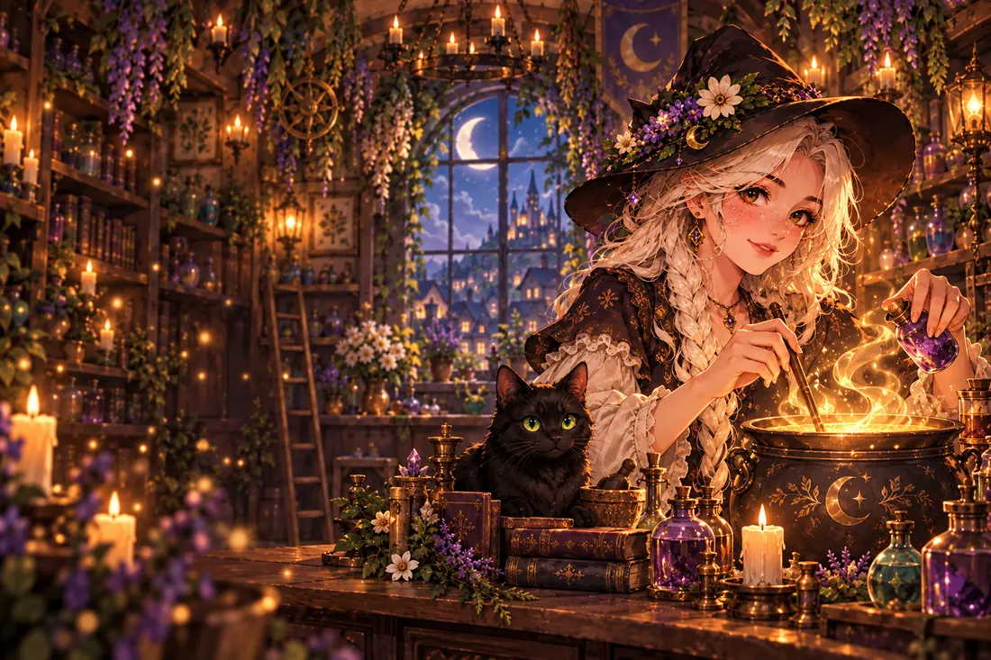 A young witch stirs a glowing cauldron in her candlelit potion shop, a black cat beside her.