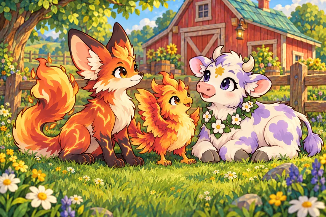 A fox, a phoenix chick and a spotted calf sit together in a sunny farm meadow.
